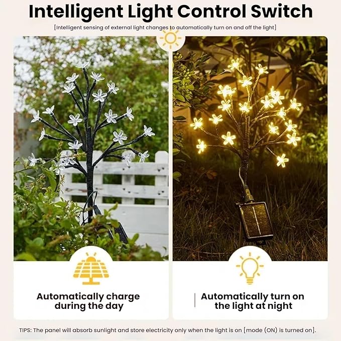 WXZQHF Solar Garden Lights Outdoor, 20 LED Cherry Blossom Lights with Adjustable Stems, Multi-Color Solar Flower for Yard, Lawn, Patio & Pathway (IP65 Waterproof) (Warm White Cherry - 2 Pack)