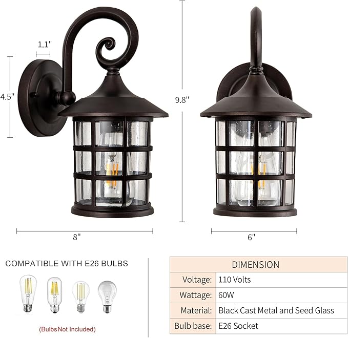Outdoor Wall Light Fixture 2packs 9.9" Exterior Porch Lights Lantern Sconce with Seeded Glass Shade Wall Mount Outside Lights for Garage Front Door Pathways Balcony Patio Street Cafes