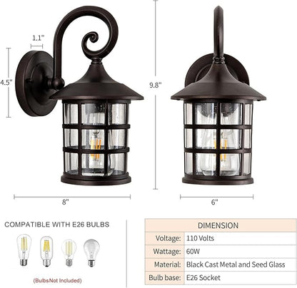 Outdoor Wall Light Fixture 2packs 9.9" Exterior Porch Lights Lantern Sconce with Seeded Glass Shade Wall Mount Outside Lights for Garage Front Door Pathways Balcony Patio Street Cafes
