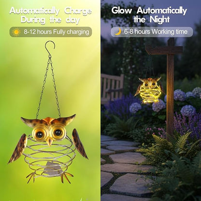 2 Pack Owl Solar Lights Outdoor Hanging Lantern with Handle, Solar Powered Owl Garden Decor for Outside Patio Yard Porch Pathway Owl Gifts for Women (Warm White LED Lights)