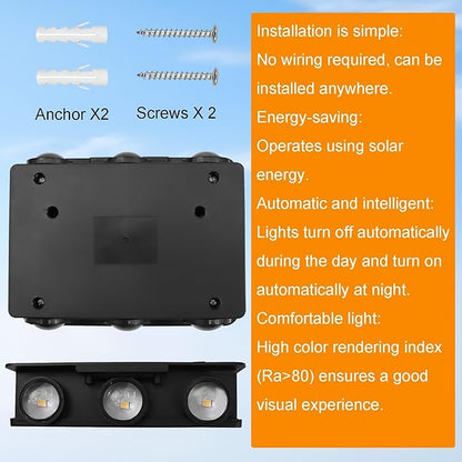 2PCS Solar Wall Lights Outdoor, Adjustable PV Panel,6 Bulbs Up and Down Lamp Bright Wall Light for Patio Cafe BarExterior Wall Garage Garden Yard