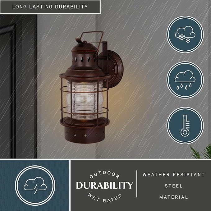 VAXCEL 2-Pack Hyannis 18 in. H 1-Light Burnished Bronze Coastal Outdoor Wall Sconce Made of Durable Steel, Clear Ribbed Glass Shade, LED Compatible, Use for Exterior Porch Patio Front Door or Garage