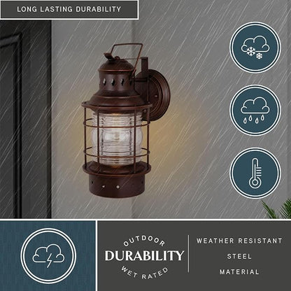 VAXCEL 2-Pack Hyannis 18 in. H 1-Light Burnished Bronze Coastal Outdoor Wall Sconce Made of Durable Steel, Clear Ribbed Glass Shade, LED Compatible, Use for Exterior Porch Patio Front Door or Garage
