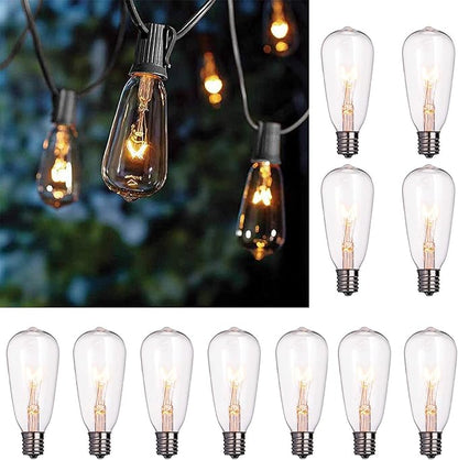 10Ft Outdoor String Lights Waterproof with 10 Pack E17 Edison Replacement Light Bulbs for Patio, Garden, Porch, Party Events Decorations, Black Wire