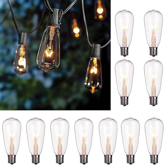 10Ft Outdoor String Lights Waterproof with 10 Pack E17 Edison Replacement Light Bulbs for Patio, Garden, Porch, Party Events Decorations, Black Wire