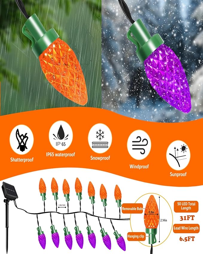 C7 Solar Powered LED Christmas String Lights 50 LED Waterproof Strawberry String Lights Green Wire Lights String for Outside Patio Wedding Party Decor (Orange&Purpl)