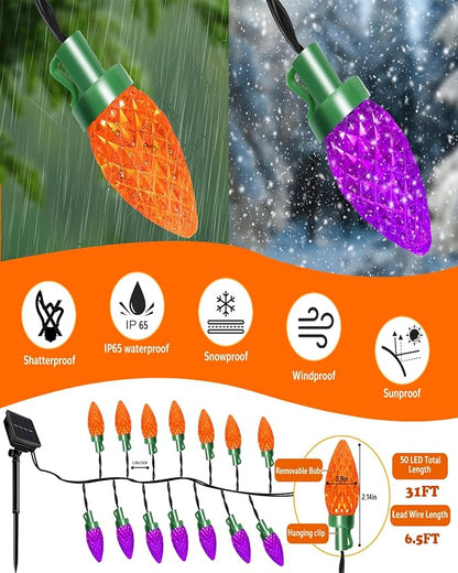 C7 Solar Powered LED Christmas String Lights 50 LED Waterproof Strawberry String Lights Green Wire Lights String for Outside Patio Wedding Party Decor (Orange&Purpl)