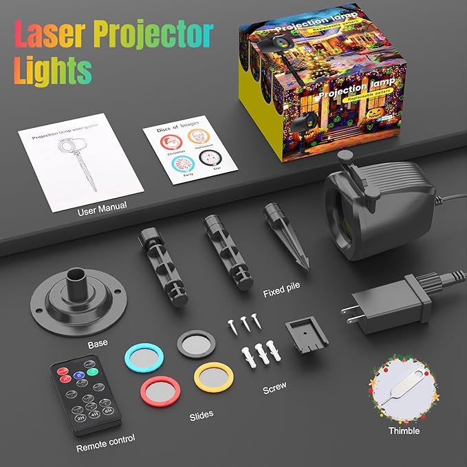 Laser Lights Projector Outdoor with 4 Dynamic Slides, 2-in-1 Moving RGB Firefly Laser Lights with Remote,Timer, Landscape Holiday Porjector for Window Wall Xmas Decor