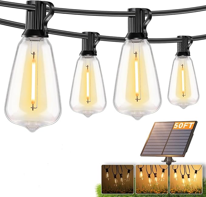 Brightever 50FT Solar String Lights Outdoor Waterproof, Patio Lights Solar Powered with Remote, 18+1 Shatterproof ST38 LED Bulbs, Dimmable&3 Lighting Modes, Hanging Outdoor Lights for Garden, Wedding