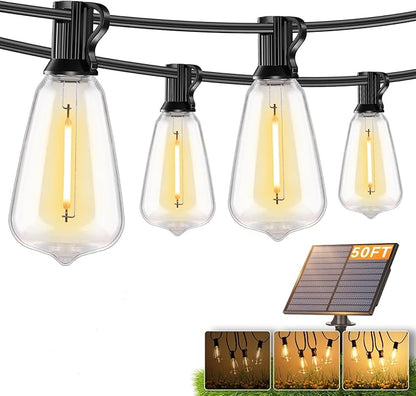 Brightever 50FT Solar String Lights Outdoor Waterproof, Patio Lights Solar Powered with Remote, 18+1 Shatterproof ST38 LED Bulbs, Dimmable&3 Lighting Modes, Hanging Outdoor Lights for Garden, Wedding