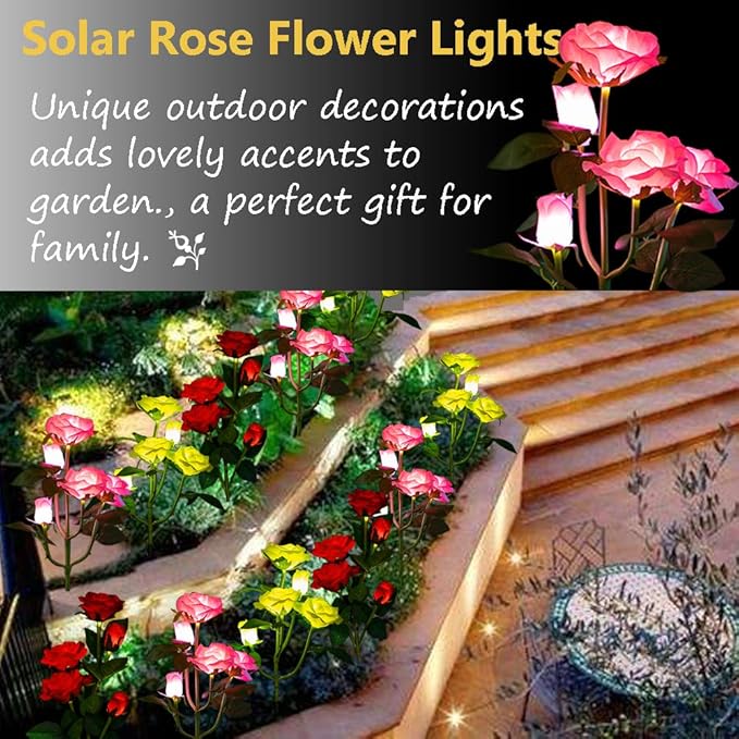 Outdoor Solar Garden Stake Lights, Outdoor Decorative Rose Flowers Lights Waterproof Solar Powered for Patio, Lawn, Garden, Yard Decoration