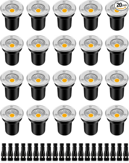 ZUCKEO Low Voltage Landscape Lights Well Lights Landscape LED in Ground Light IP67 Waterproof Outdoor Landscape Lighting Wired Floor Pathway Deck Step Garden with Connectors (20Pack Warm White)