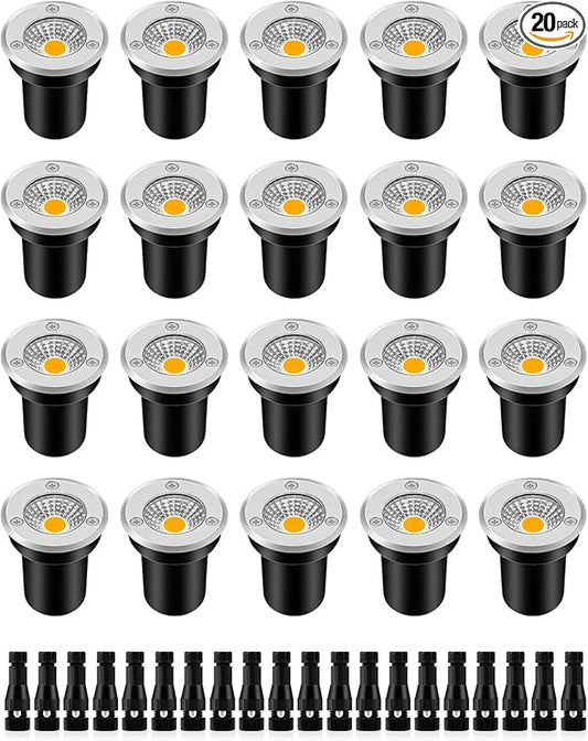ZUCKEO Low Voltage Landscape Lights Well Lights Landscape LED in Ground Light IP67 Waterproof Outdoor Landscape Lighting Wired Floor Pathway Deck Step Garden with Connectors (20Pack Warm White)