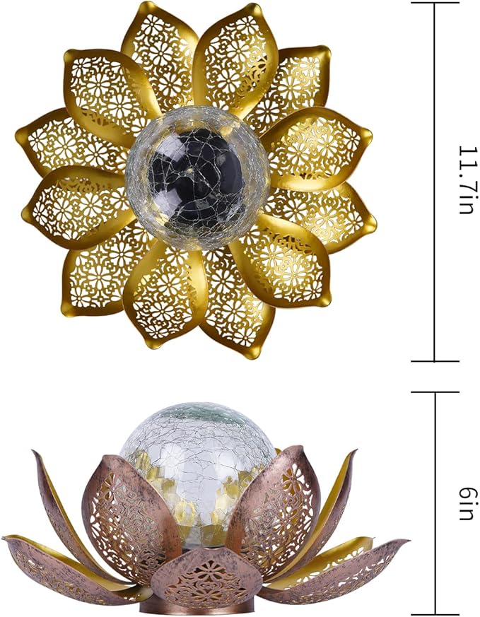 DUSVALLY Lotus Solar Globe LED Light Garden Decoration, Outdoor IP65-Waterproof Crack Glass Solar Flower Lamp Hollow Out Retro Golden Metal Light for Patio, Lawn & Pathway Landscape, 12" W * 6" H