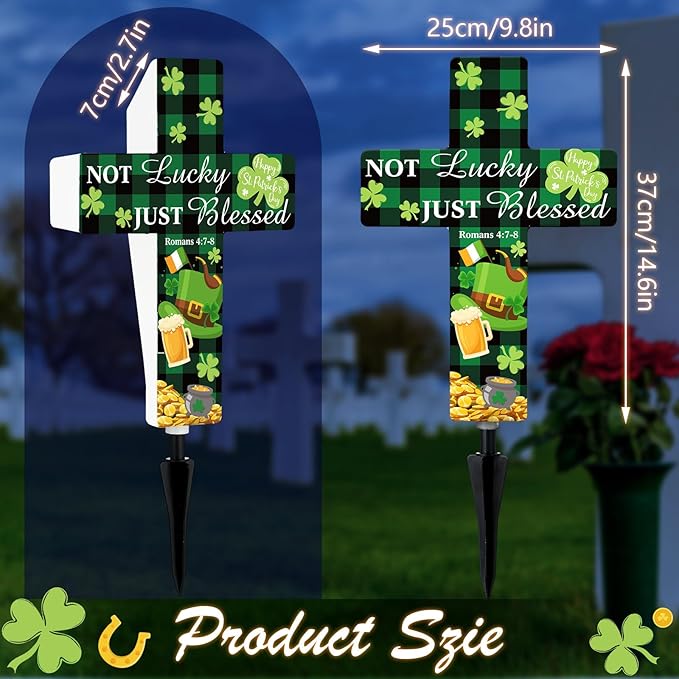 St. Patrick's Day Solar Stake Lights Outdoor Memorial Garden Stake Cross for Grave Cemetery Buffalo Plaid Rustic Farmhouse Shamrock Garden Decor Solar Cross for Patio Pathway Decoration