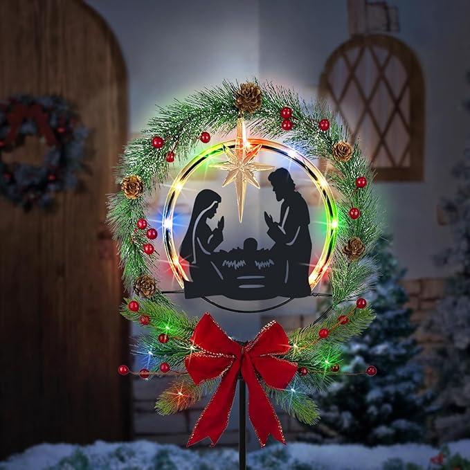 Solar Christmas Nativity Scene Outdoor,Multi Colorful Lights, Christmas Holy Family Yard Decorations,Nativity Set Silhouette Garden Stake