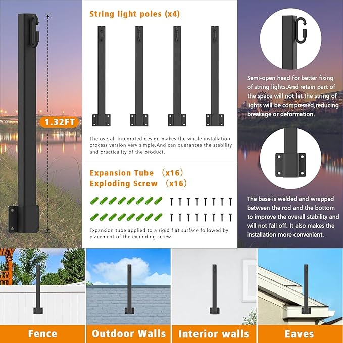 10 Pack 2.8FT String Light Poles,Light Poles for Outside String Lights,Outdoor Light Poles Metal Pole Stand for | Lumora