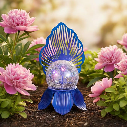 Solar Lights Outdoor Flower Garden Decor with Crackle Glass Globe Lights, Metal Flowers for Outside Yard Lawn Patio Porch Pathway Tabletop, Housewarming Gifts for Mom Women