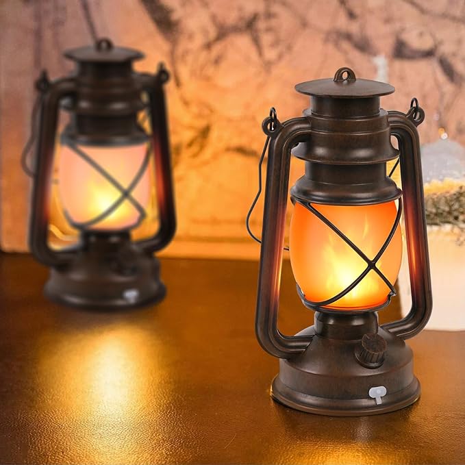 2 Pack Vintage Lantern Flickering Flame Rechargeable LED Retro Camping Lights 4 Modes Remote Control Battery | Lumora