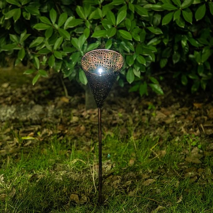 Adeco Solar Powered Lights Set of 2 Torch Shape Outdoor Lamp Decor 23 inch Metal Crackle Glass Globe Stake Lights with Large Solar Panel Waterproof LED Lights for Ground Patio Lawn Pathway