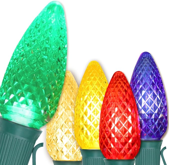 C9 LED Christmas Lights Outdoor 50FT with 50 Pcs(+2 Spare) C9 E17 Base Color Holiday Decor Bulbs for Indoor & Outdoor Use, Connectable, Weatherproof for Roof Decoration.