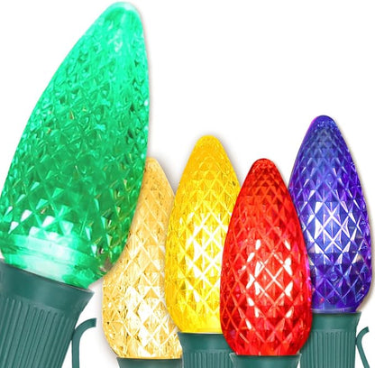 C9 LED Christmas Lights Outdoor 50FT with 50 Pcs(+2 Spare) C9 E17 Base Color Holiday Decor Bulbs for Indoor & Outdoor Use, Connectable, Weatherproof for Roof Decoration.