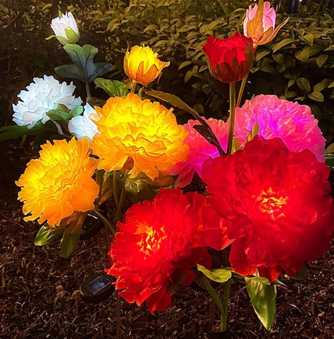 Solar Peony Flower Lights 2pcs Waterproof Garden Outdoor Lights Led Decorative Flowers Stake Light for Home Backyard Pathway Patio Yard Walkway Decoration (Rosy)