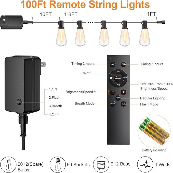 100FT Remote Outdoor String Lights for Outside, 50+2 LED Waterproof Shatterproof Edison Dimmable Timer Bulbs, 2500K | Lumora