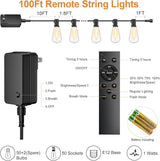 100FT Remote Outdoor String Lights for Outside, 50+2 LED Waterproof Shatterproof Edison Dimmable Timer Bulbs, 2500K | Lumora