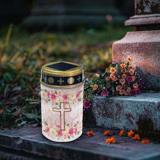 Cross Floral Solar Lights Outdoor Solar Garden Stake Lights Landscape Lighting for Yard Patio Cemetery Decoration for Grave,Flameless Warm White Lights Solar Powered Lights for Outside,Pink