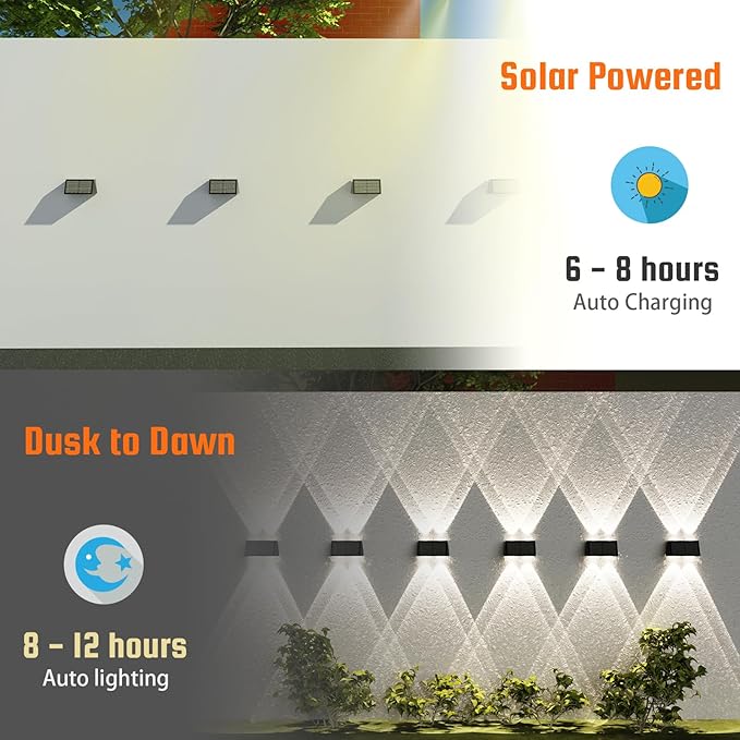 8-Pack Solar Fence Lights, Up & Down Lighting, 50LM/25LM 4 Modes (3000K/6500K), IP65 Waterproof, 1200mAh Battery | Lumora