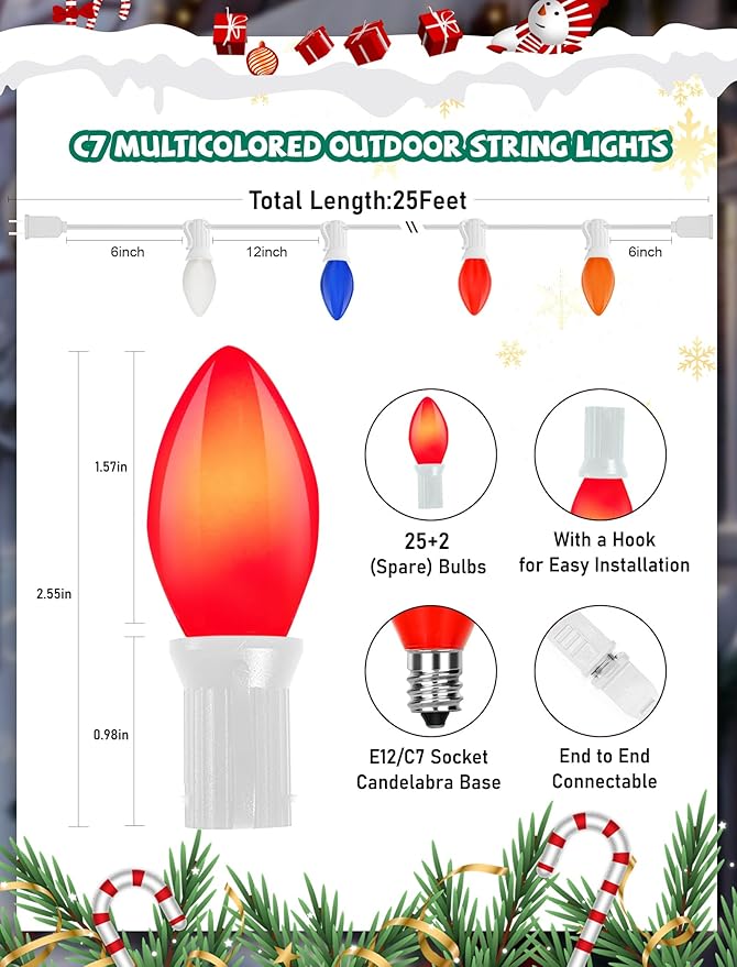 C7 Christmas Lights Outdoor, 25Ft Vintage Christmas String Lights with 27 Multicolor Ceramic Bulbs, Hanging Christmas Decorations Lights for Xmas Tree Roofline House Garden Patio Yard-White