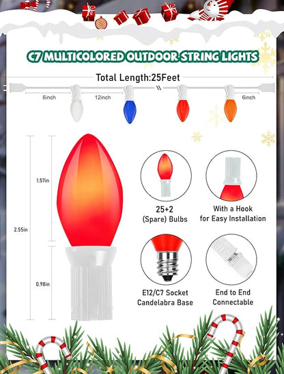 C7 Christmas Lights Outdoor, 25Ft Vintage Christmas String Lights with 27 Multicolor Ceramic Bulbs, Hanging Christmas Decorations Lights for Xmas Tree Roofline House Garden Patio Yard-White