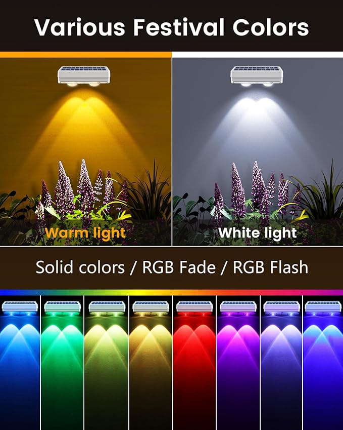 Solar Fence Lights Outdoor Waterproof, 80 Lumens Solar Lights for Fence with Warm White & RGB 8 Colors,Outdoor | Lumora