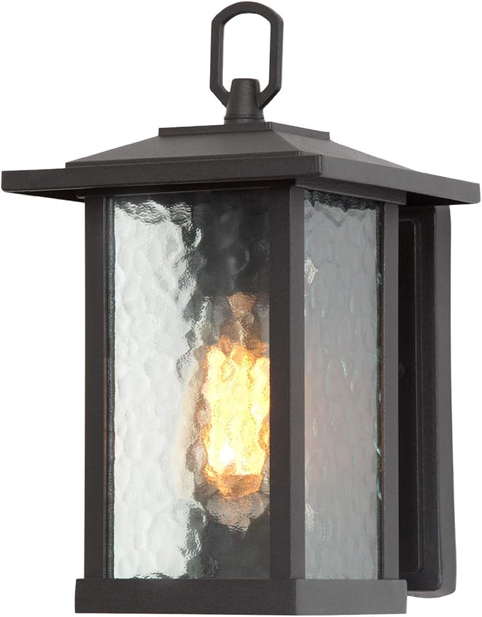 LALUZ Rectangle Outdoor Light Fixtures Wall Mount, Weather-Proof Porch Lights Outdoor with Water Ripple Glass, Anti-Rust Outdoor Wall Lantern for Patio, Yards, Garden, Front Door, Matte Black Finish