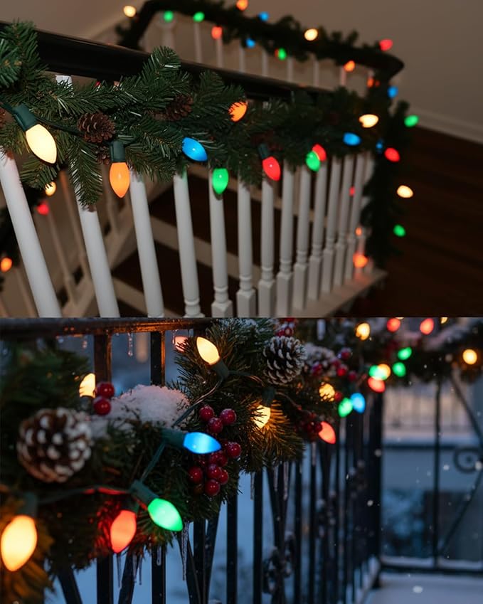 SUNSGNE 25Ft Multicolor Christmas Lights Outdoor, C7 Vintage Christmas String Lights with 27 Multicolor Ceramic Bulbs(2 Spare) for Holidays, Christmas Prom Party Wedding- Green Wire