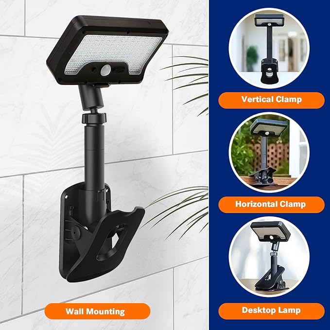 Pacify Clip On Solar Lights Outdoor, 92 LEDs 600LM 6000K Bright Solar Fence Lights with Motion Sensor, 360° Rotatable IP65 Waterproof 3 Modes Clamp Light for Deck Gutter Patio (2 Pack White Light)
