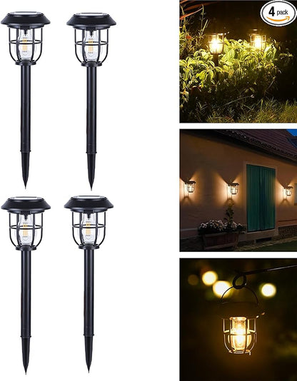 Solar Pathway Lights 4 Pack Motion Sensor, IP65 Waterproof, 120LM Warm White Tungsten Bulb for Garden Yard Lawn Decor