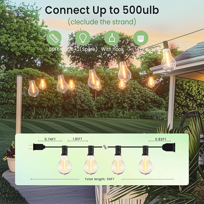 Outdoor String Lights 50FT LED String Lights for Outside with 27 A39 Waterproof Edison Bulbs (2 Spare), Patio | Lumora