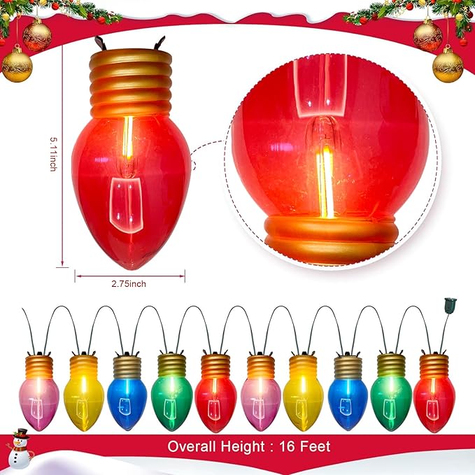 Jumbo Xmas String Lights 16FT Large Christmas Hanging Lights with 10 Count 5'' LED Giant Multicolor Bulbs, C7 Big Bulb Vintage Christmas Light for Holiday Home Tree Roof Yard Garden Decor, Green Wire