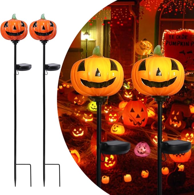 Afirst Halloween Pumpkin Pathway Solar Lights Handblown Glass Halloween Jack O Lantern Yard Display Solar LED Outdoor Décor Front Porch Decor 2 Pack, Orange