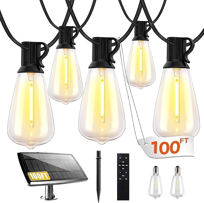 100FT Solar String Lights Outdoor Waterproof, Solar Patio Lights with Remote Control & 30+2 Dimmable ST38 Edison | Lumora