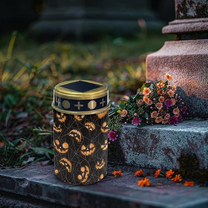 Poceacles Solar Cemetery Lights for Grave - Candle Lantern Walkway Lighting - Waterproof Landscape Light for Halloween Decorations, Pumpkin Spider Web Print, Pack of 2
