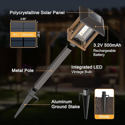 XMCOSY+ 4-Pack Solar Pathway Lights Outdoor, 25 Lumens Vintage Edison LED Landscape Lighting, IP65 Waterproof Seeded Glass & Metal Stakes Solar Powered Garden Lights for Yard Patio Walkway Driveway