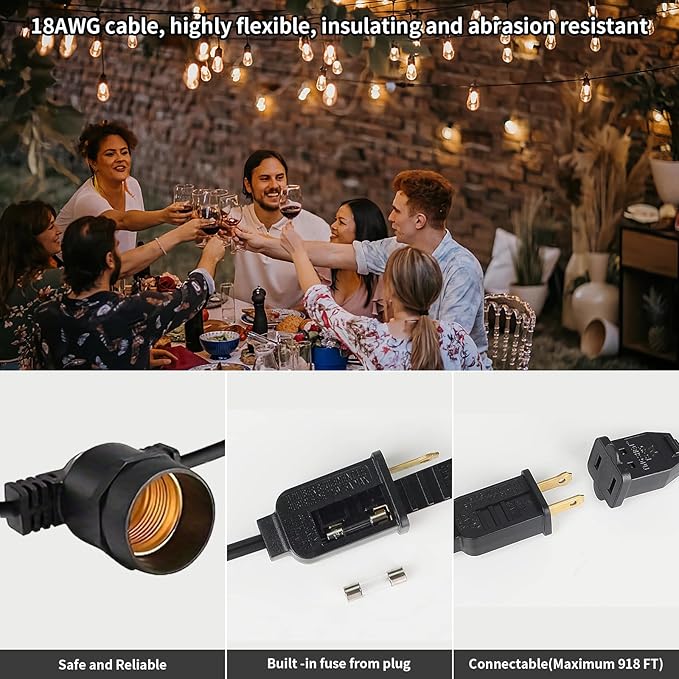 108FT LED Outdoor String Lights, IP65 Waterproof, S14 Shatterproof 27FT*4 Pack Outdoor String Lights (Maximum | Lumora