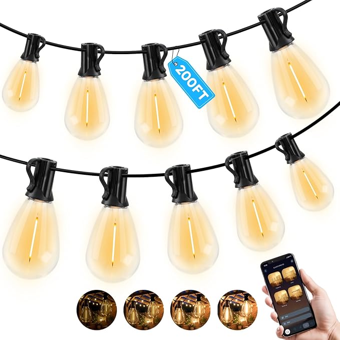 200FT Outdoor String Light with S11 Plastic Bulbs, Low-Voltage LED Patio Light with App & Remote, Music Sync, 4 Lighting Modes, Dimmable & Waterproof for Backyard, Porch, Garden, Deck, Party