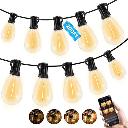 200FT Outdoor String Light with S11 Plastic Bulbs, Low-Voltage LED Patio Light with App & Remote, Music Sync, 4 Lighting Modes, Dimmable & Waterproof for Backyard, Porch, Garden, Deck, Party