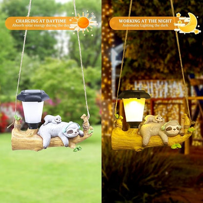 Solar Garden Ornaments Resin Sloth Animal Solar Lights Waterproof Hanging Sloth Decor with LED Lanterns Cute Solar Garden Lights for Patio Balcony Yard Lawn Garden Decorations Sloth