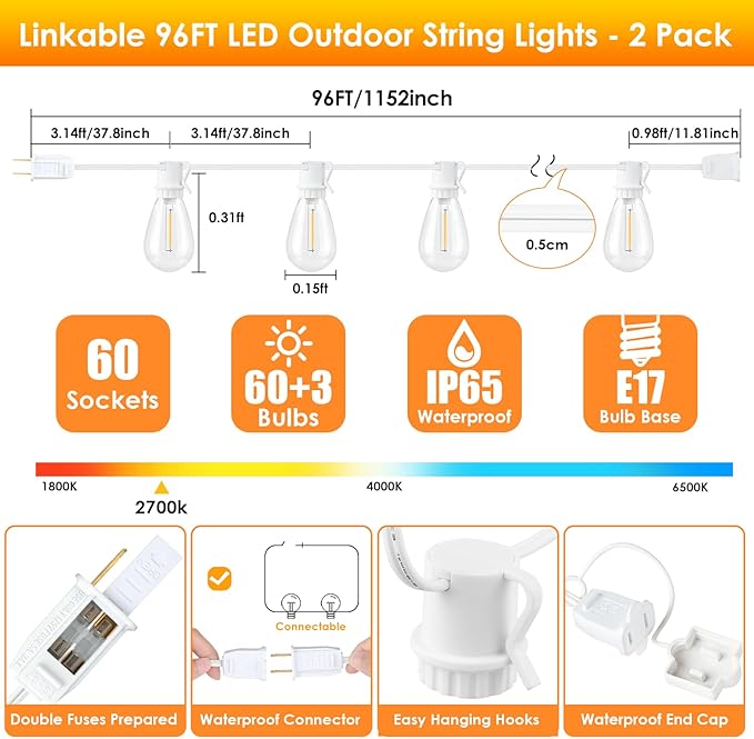 192FT(2x96FT) LED Outdoor String Lights, Linkable Patio Light with 60+3 2700K Waterproof Dimmable Hanging Bulbs for | Lumora