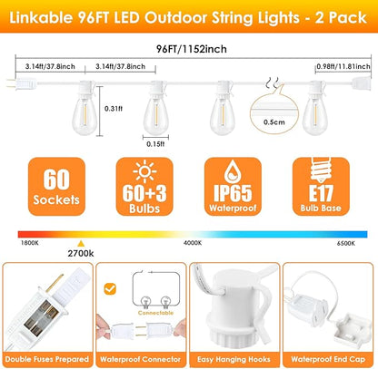 192FT(2x96FT) LED Outdoor String Lights, Linkable Patio Light with 60+3 2700K Waterproof Dimmable Hanging Bulbs for Pergola Cafe Wedding-White